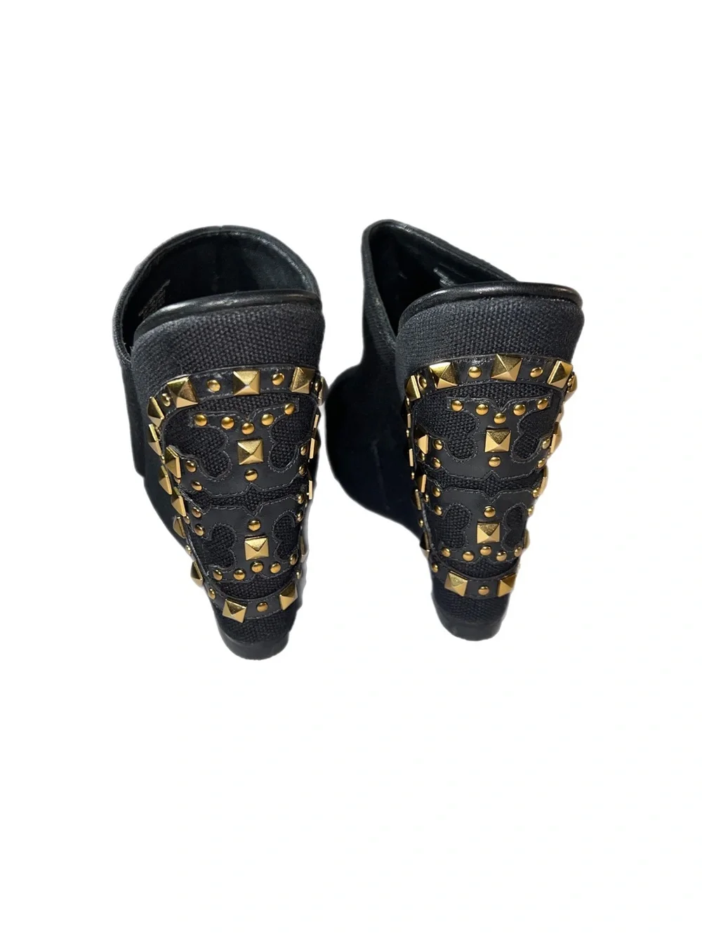 EUC Tory Burch Canvas Meredith Studded Peep-Toe Wedges  Black gold size 7
